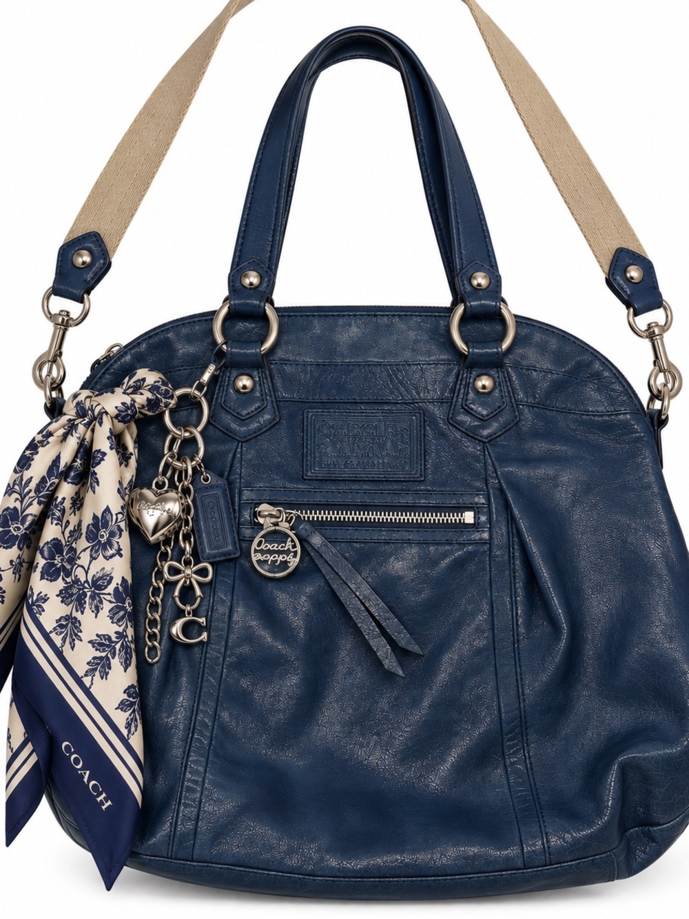 Vintage Y2K Coach Poppy Navy Blue Leather Tote Shoulder Bag Legacy Stripe Lining
